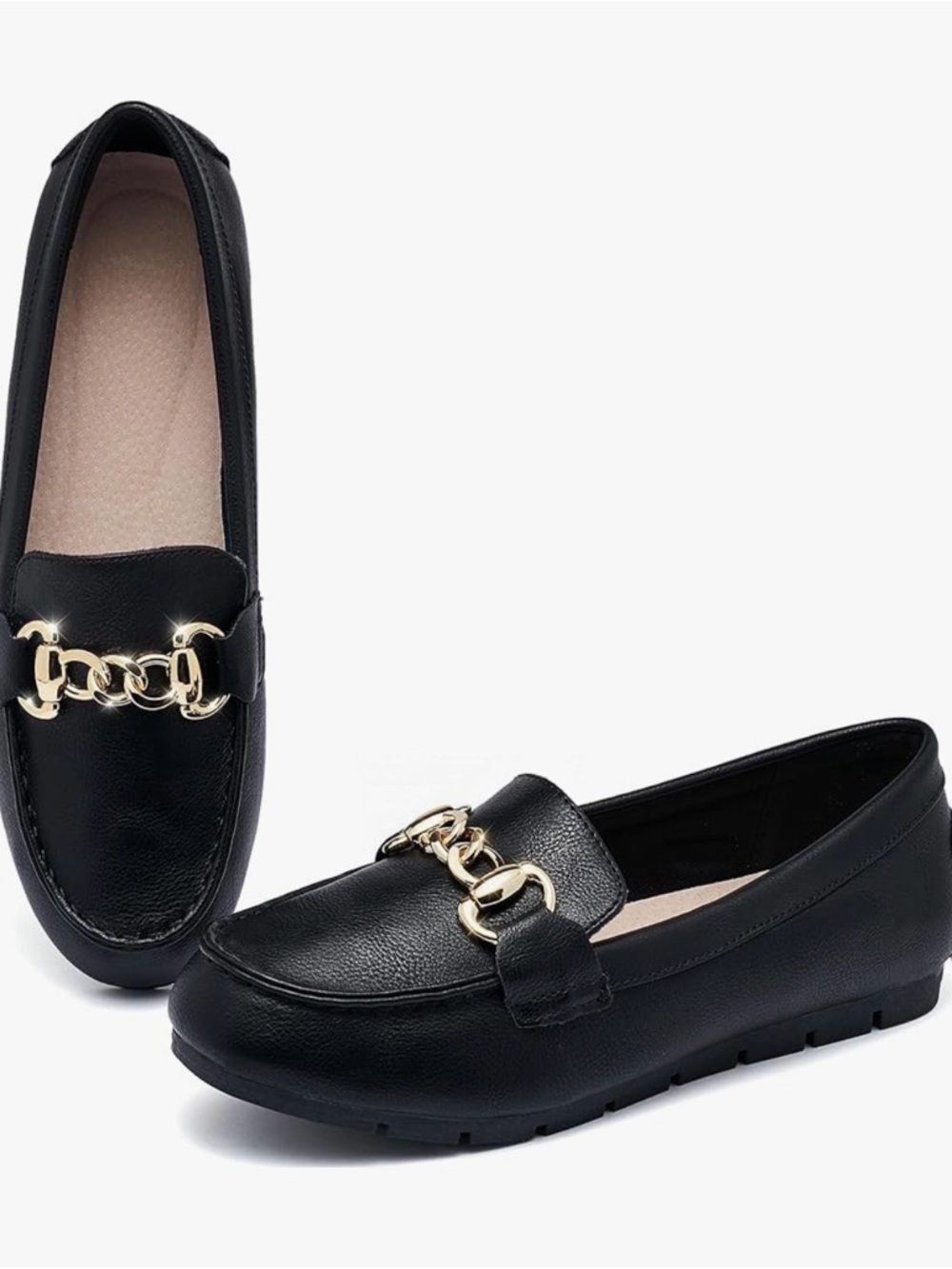 Classic Black Leather-Look Women’s Loafers with Gold Chain